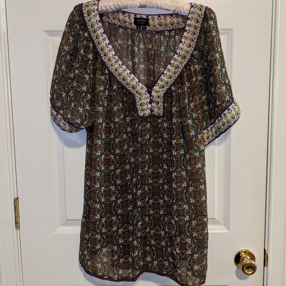Nicole Miller Women's Boho Sheer Purple Tones Top Blouse Size XL